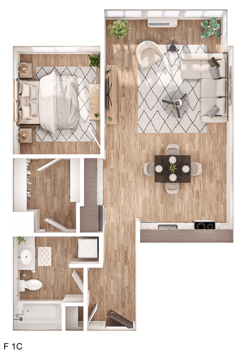 Floor plan for 1 bed, 1 bath, 716 sqft
